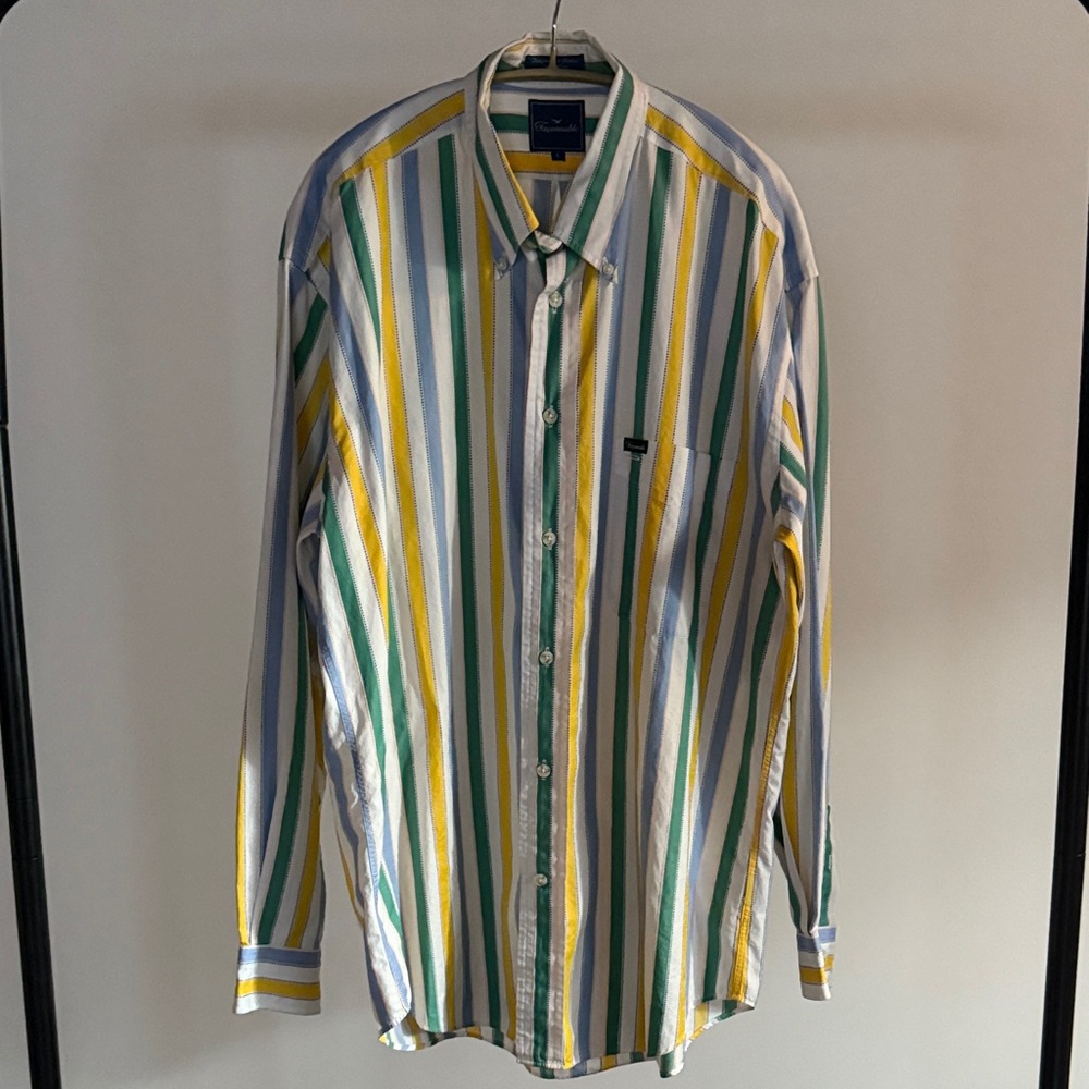 Vintage FACONNABLE Green, Yellow, and Blue Striped Men's Button Down - Size L